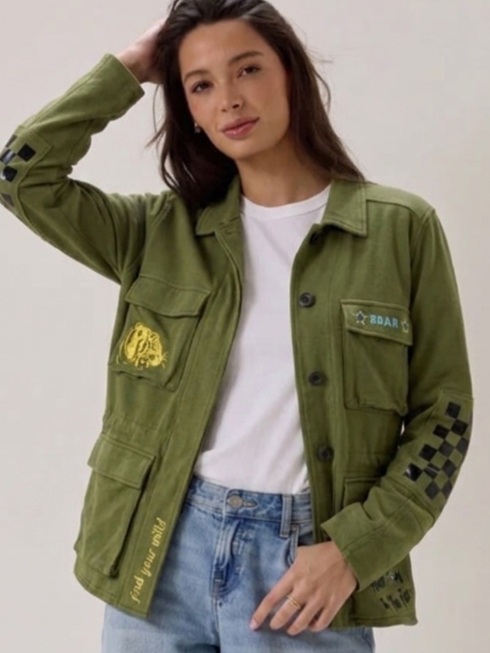 Attic Salt Embroidered Graphic Knit Military Jacket Womens Size Large Anorak Y2K